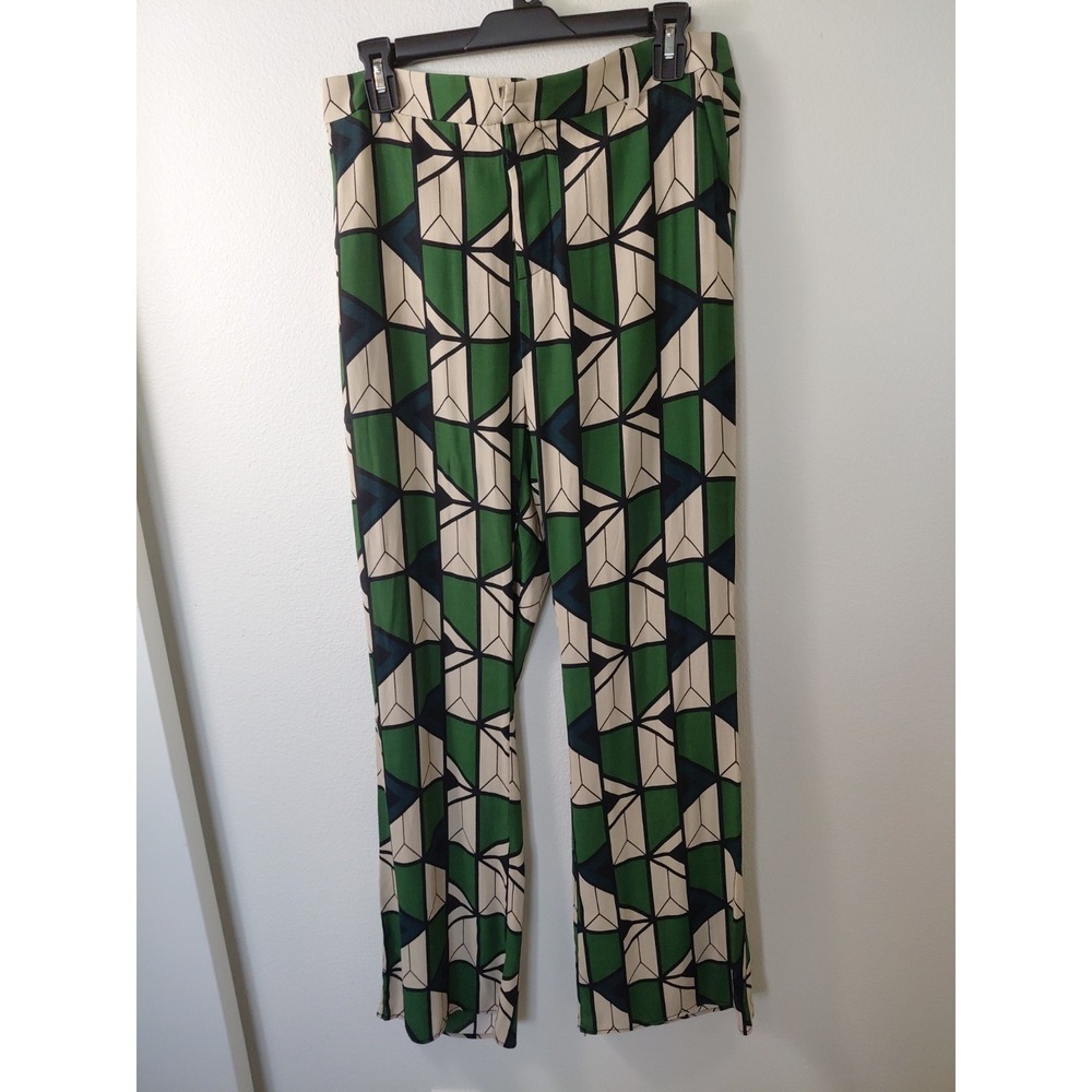 NWOT Zara Womens Geometric Flared Pants Back‎ Elastic Waist Green Sz Medium